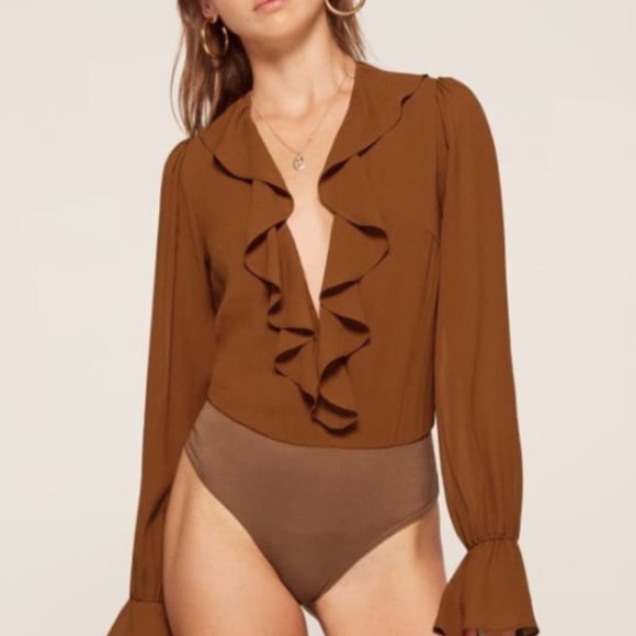 NWT Reformation Penny Bodysuit | Toffee Brown | Ruffles | Size XL - Picture 3 of 11